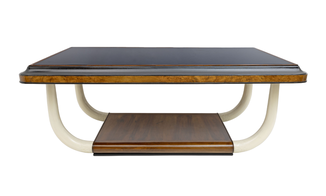 Art Deco Italian Walnut and Top Glass Table with Elephant Tusk Legs, 30s