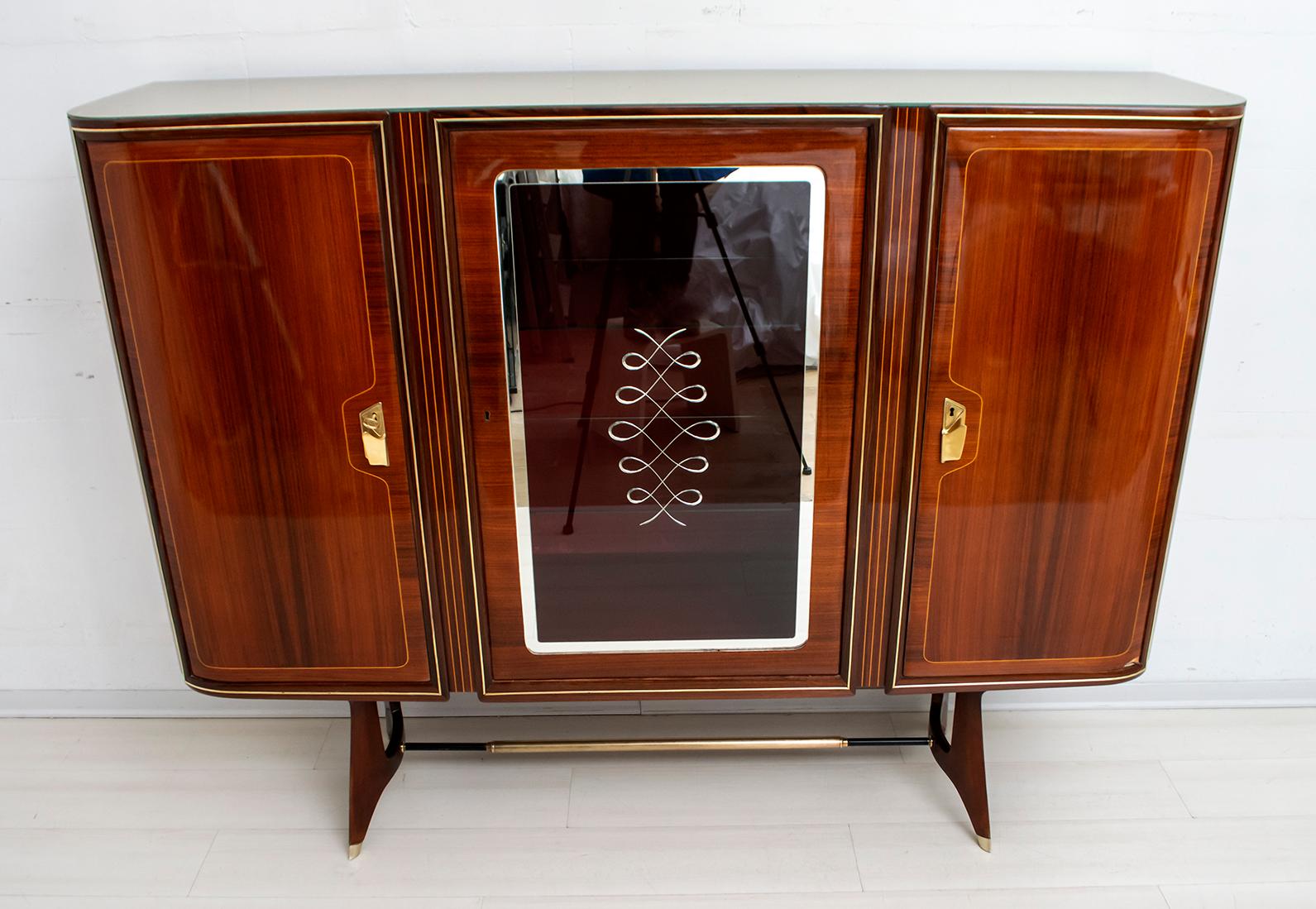 Attributed Gio Ponti Mid-Century Italian Mahogany and Brass Bar Cabinet, 1950s