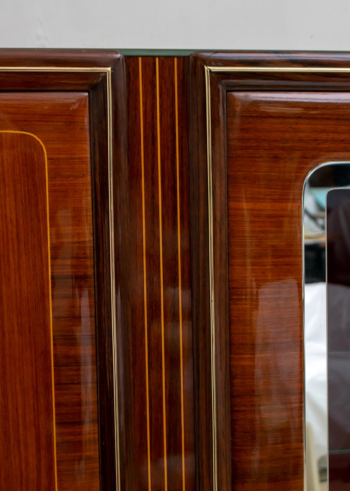 Attributed Gio Ponti Mid-Century Italian Mahogany and Brass Bar Cabinet, 1950s