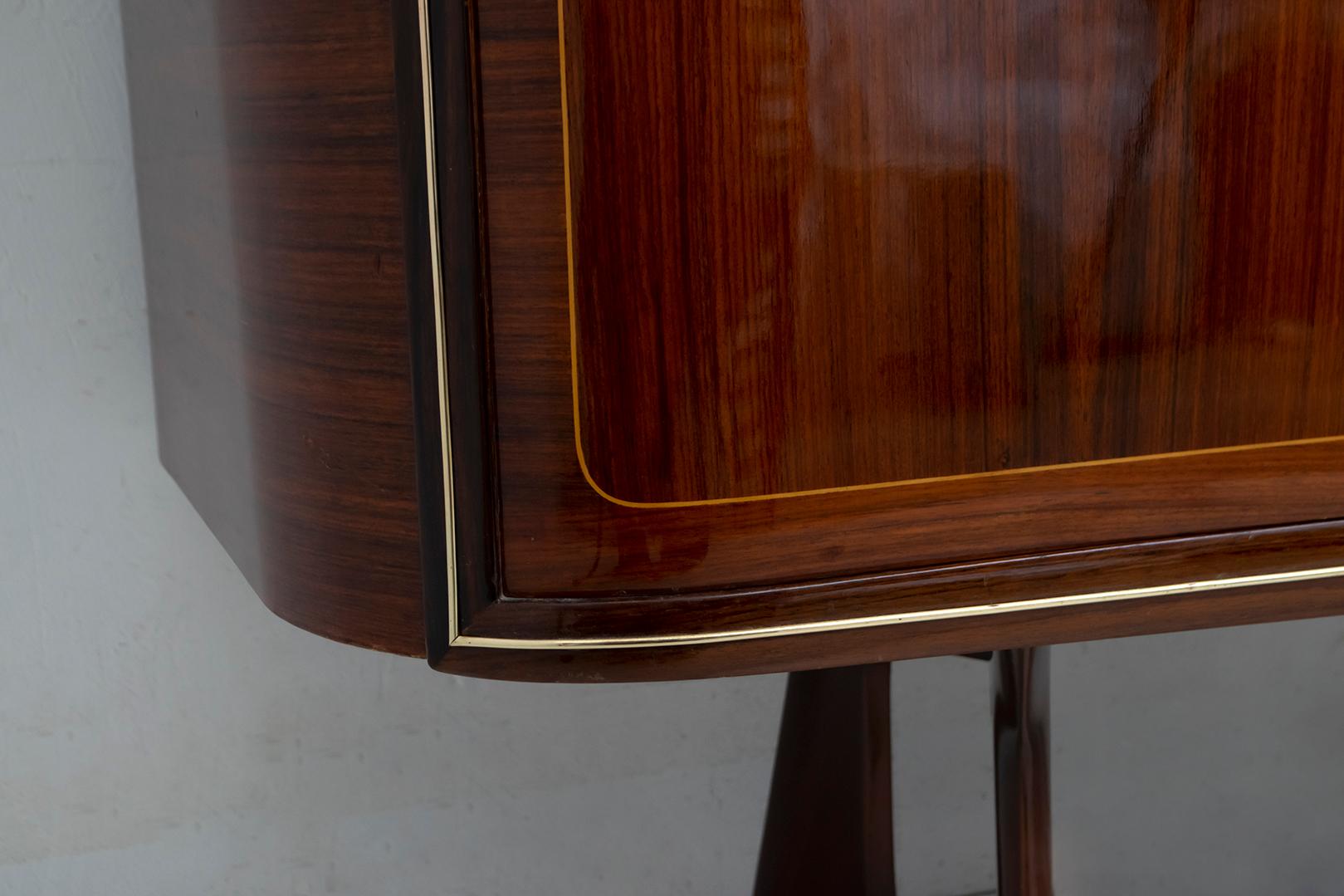 Attributed Gio Ponti Mid-Century Italian Mahogany and Brass Bar Cabinet, 1950s