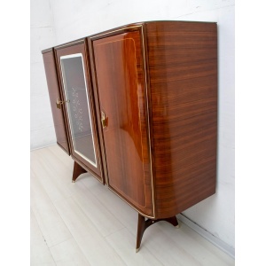 Attributed Gio Ponti Mid-Century Italian Mahogany and Brass Bar Cabinet, 1950s