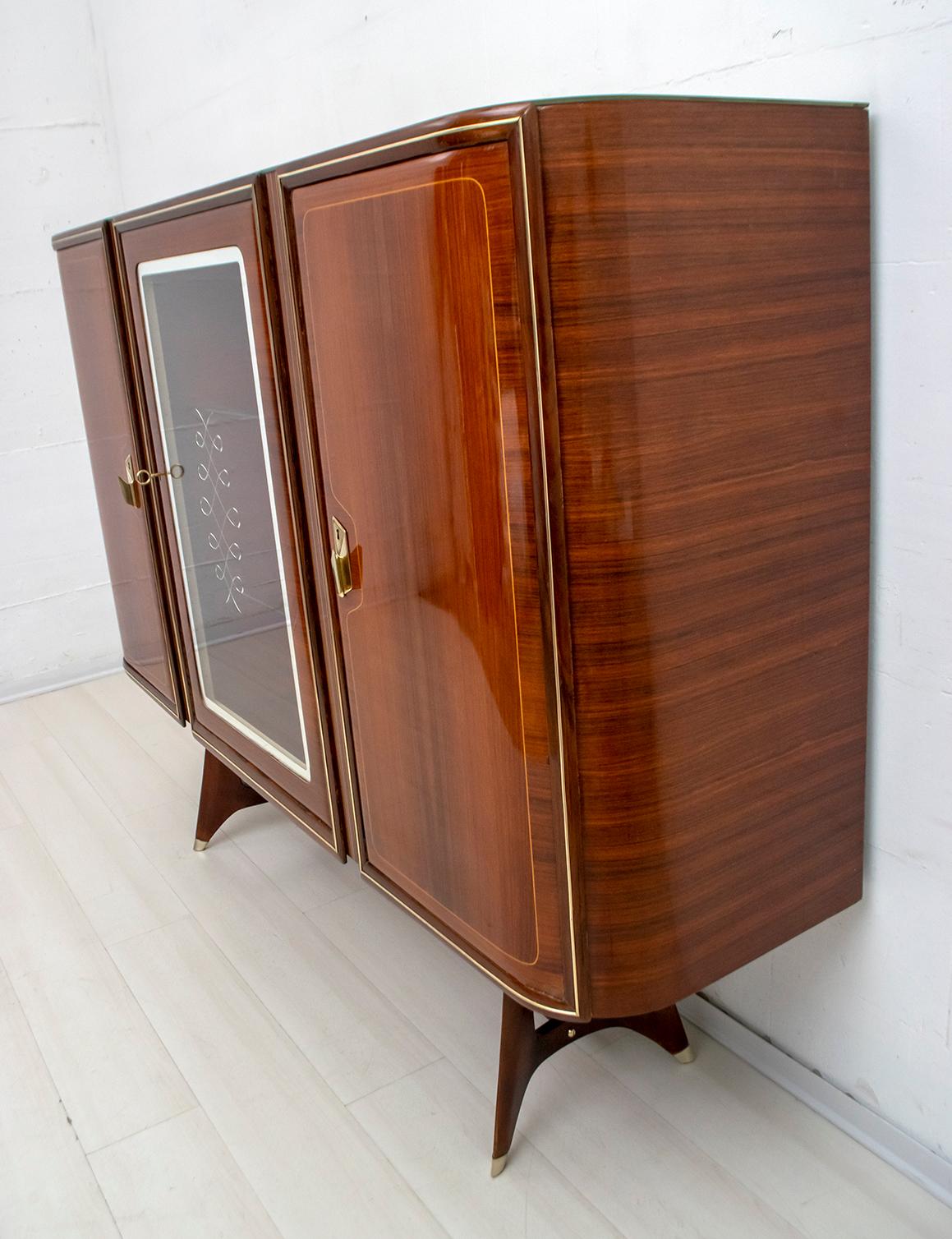 Attributed Gio Ponti Mid-Century Italian Mahogany and Brass Bar Cabinet, 1950s