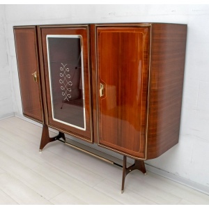 Attributed Gio Ponti Mid-Century Italian Mahogany and Brass Bar Cabinet, 1950s