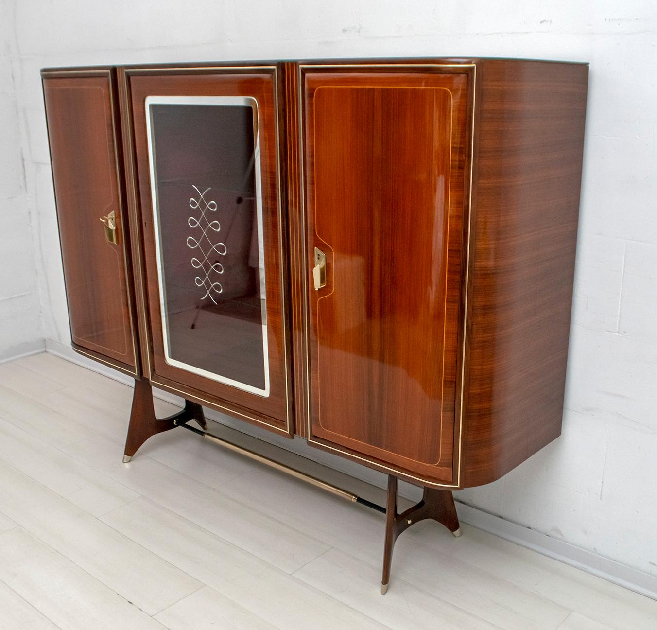 Attributed Gio Ponti Mid-Century Italian Mahogany and Brass Bar Cabinet, 1950s