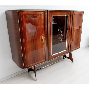 Attributed Gio Ponti Mid-Century Italian Mahogany and Brass Bar Cabinet, 1950s