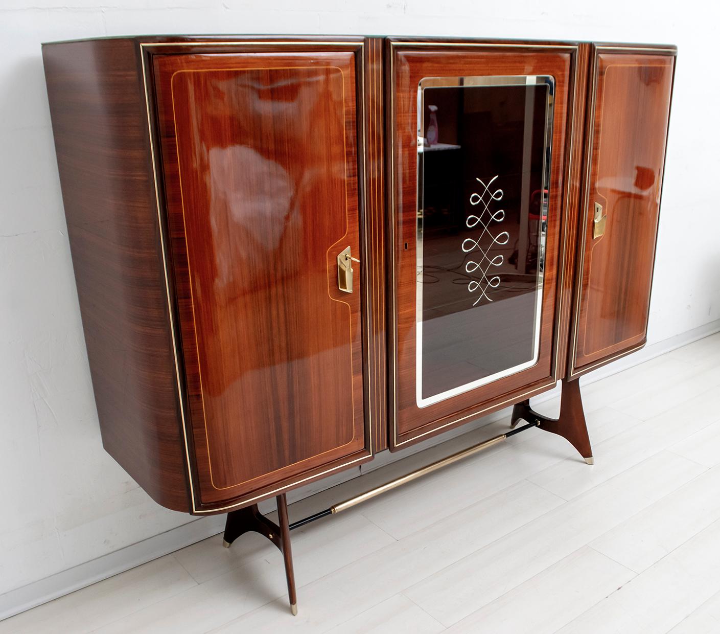 Attributed Gio Ponti Mid-Century Italian Mahogany and Brass Bar Cabinet, 1950s