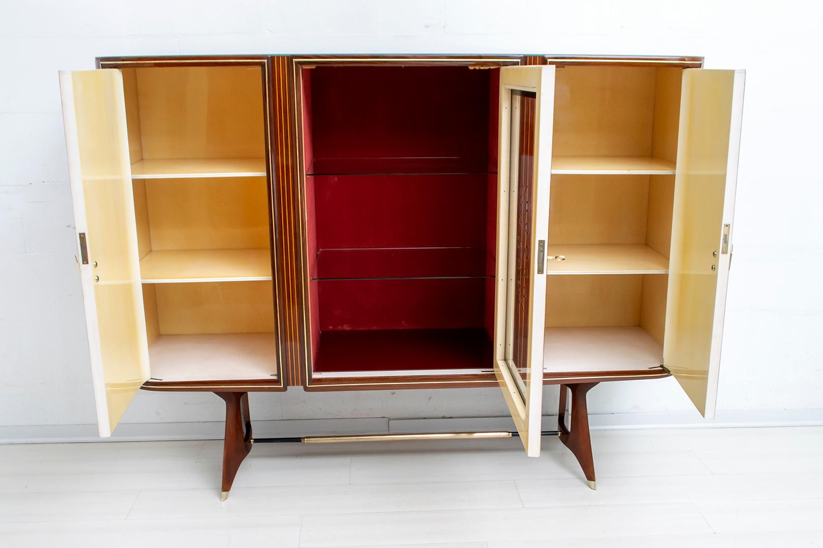 Attributed Gio Ponti Mid-Century Italian Mahogany and Brass Bar Cabinet, 1950s