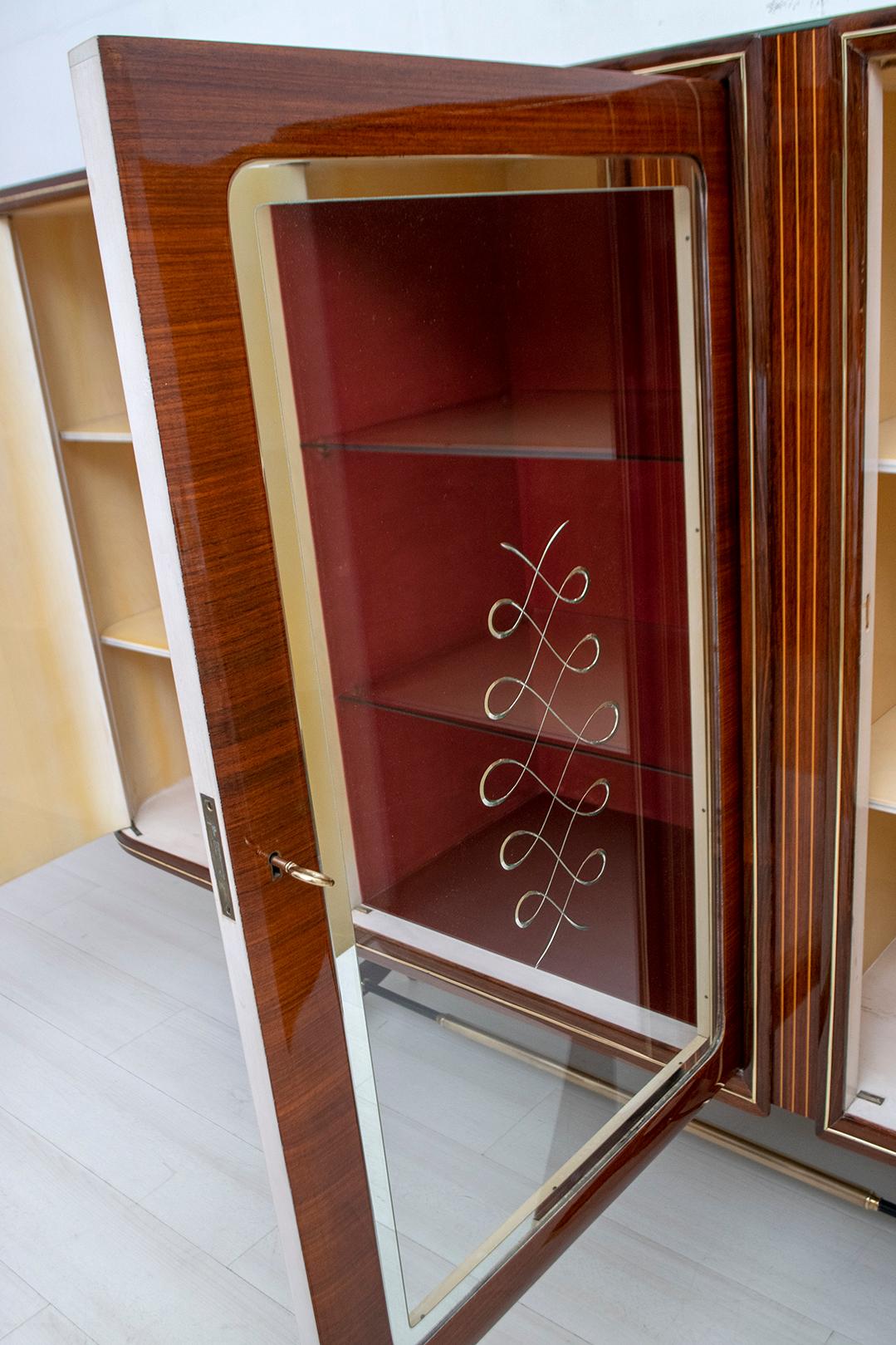 Attributed Gio Ponti Mid-Century Italian Mahogany and Brass Bar Cabinet, 1950s