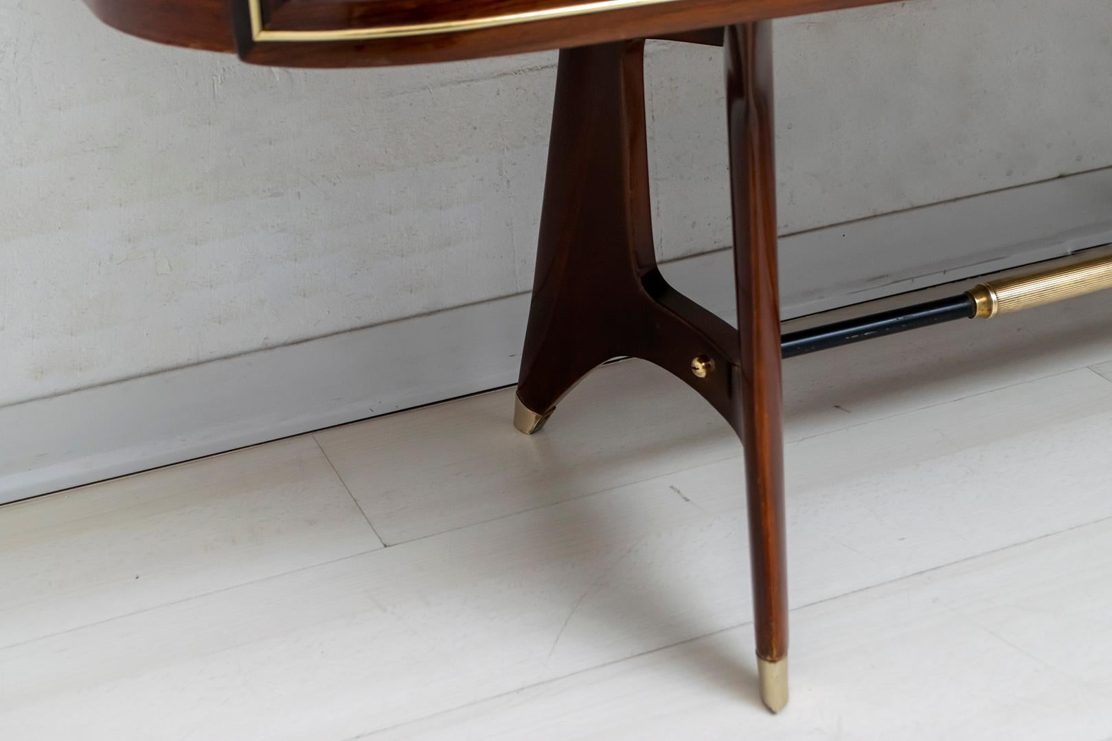 Attributed Gio Ponti Mid-Century Italian Mahogany and Brass Bar Cabinet, 1950s