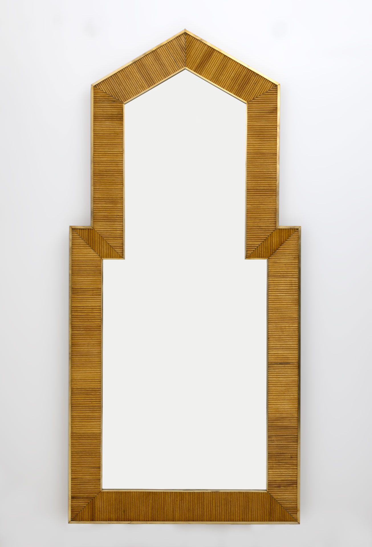 Gabriella Crespi Style Mid-Century Modern Italian Wood and Brass Mirror, Pair