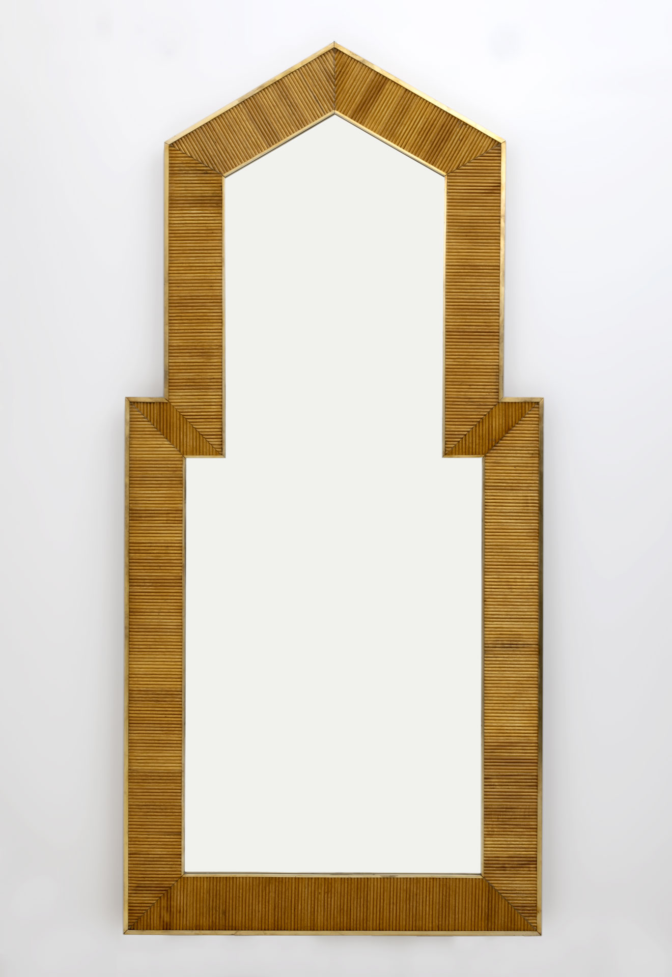 Gabriella Crespi Style Mid-Century Modern Italian Wood and Brass Mirror, Pair