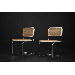 Vintage Mid-Century Italian Modern White Wood & French Wicker Chairs, Set of 2