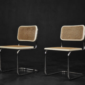 Vintage Mid-Century Italian Modern White Wood & French Wicker Chairs, Set of 2