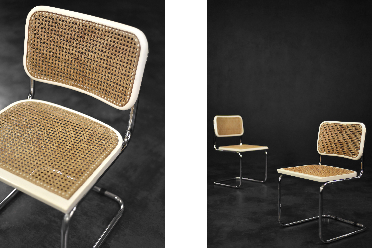 Vintage Mid-Century Italian Modern White Wood & French Wicker Chairs, Set of 2