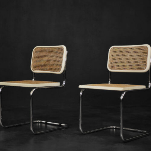 Vintage Mid-Century Italian Modern White Wood & French Wicker Chairs, Set of 2