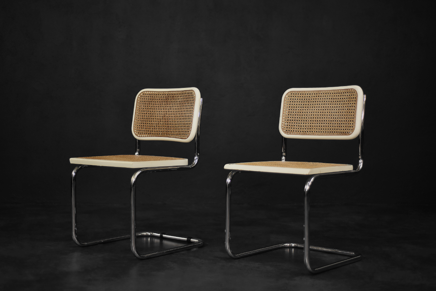 Vintage Mid-Century Italian Modern White Wood & French Wicker Chairs, Set of 2