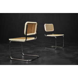 Vintage Mid-Century Italian Modern White Wood & French Wicker Chairs, Set of 2