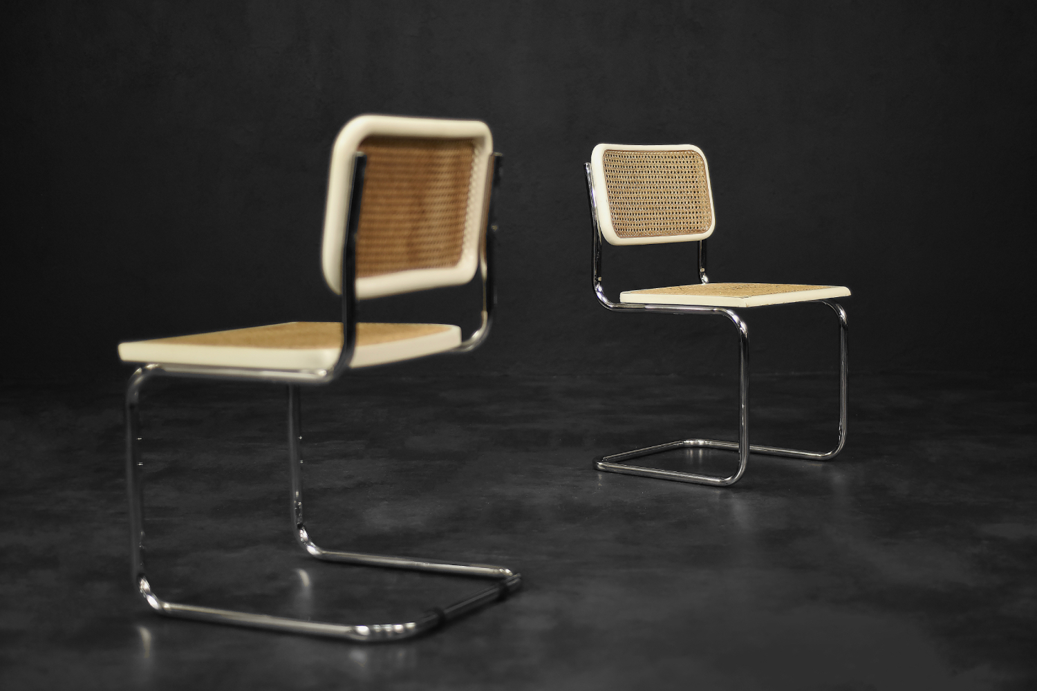 Vintage Mid-Century Italian Modern White Wood & French Wicker Chairs, Set of 2