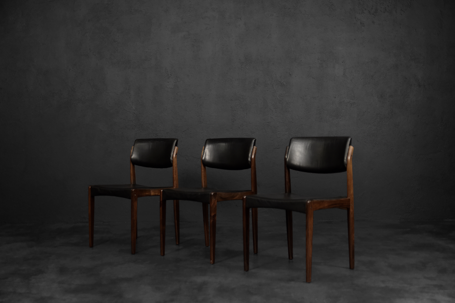 Vintage Mid-Century Scandinavian Modern Rosewood & Black Leather Chairs by H.W. Klein for Bramin, 1960s, Set of 3