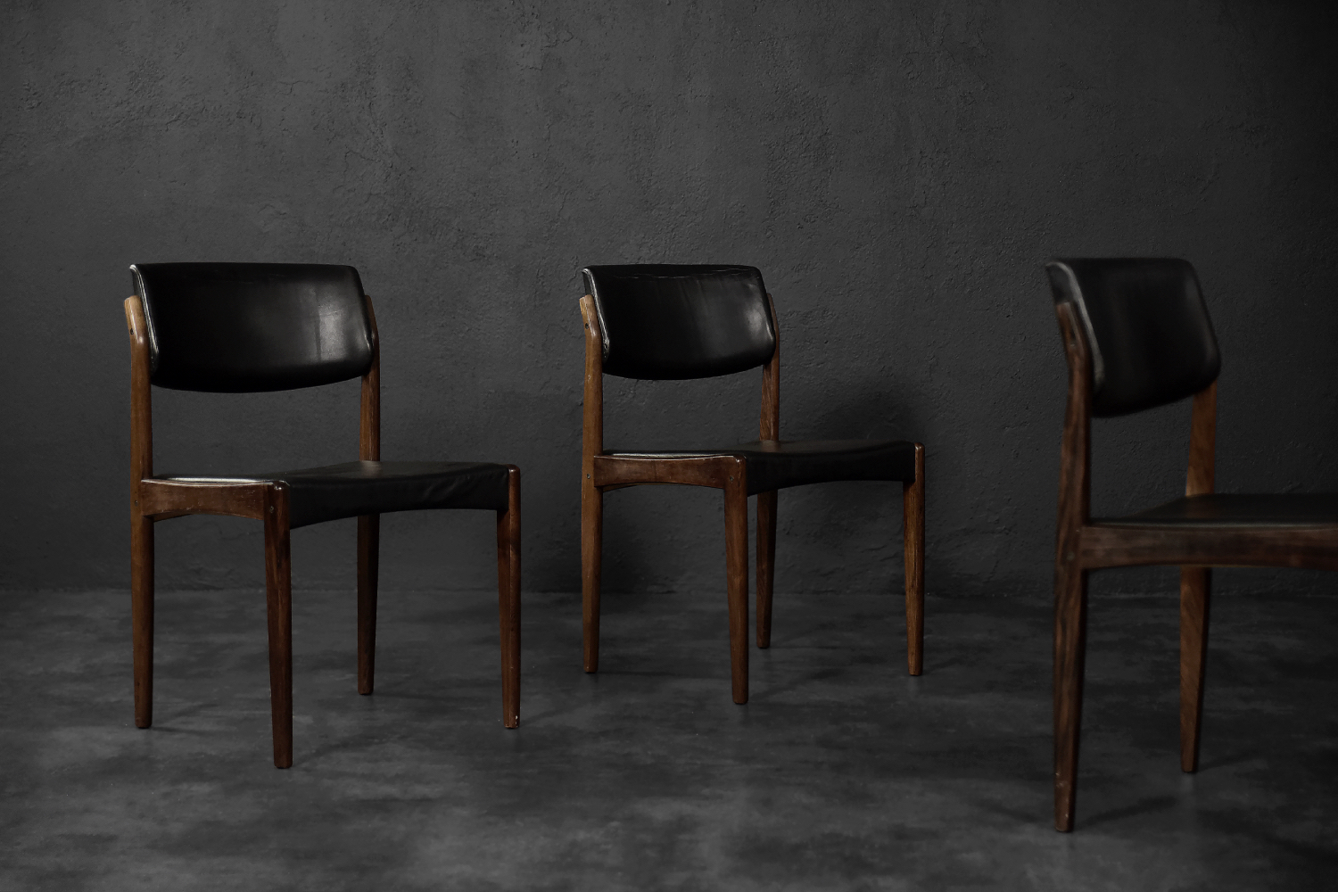 Vintage Mid-Century Scandinavian Modern Rosewood & Black Leather Chairs by H.W. Klein for Bramin, 1960s, Set of 3