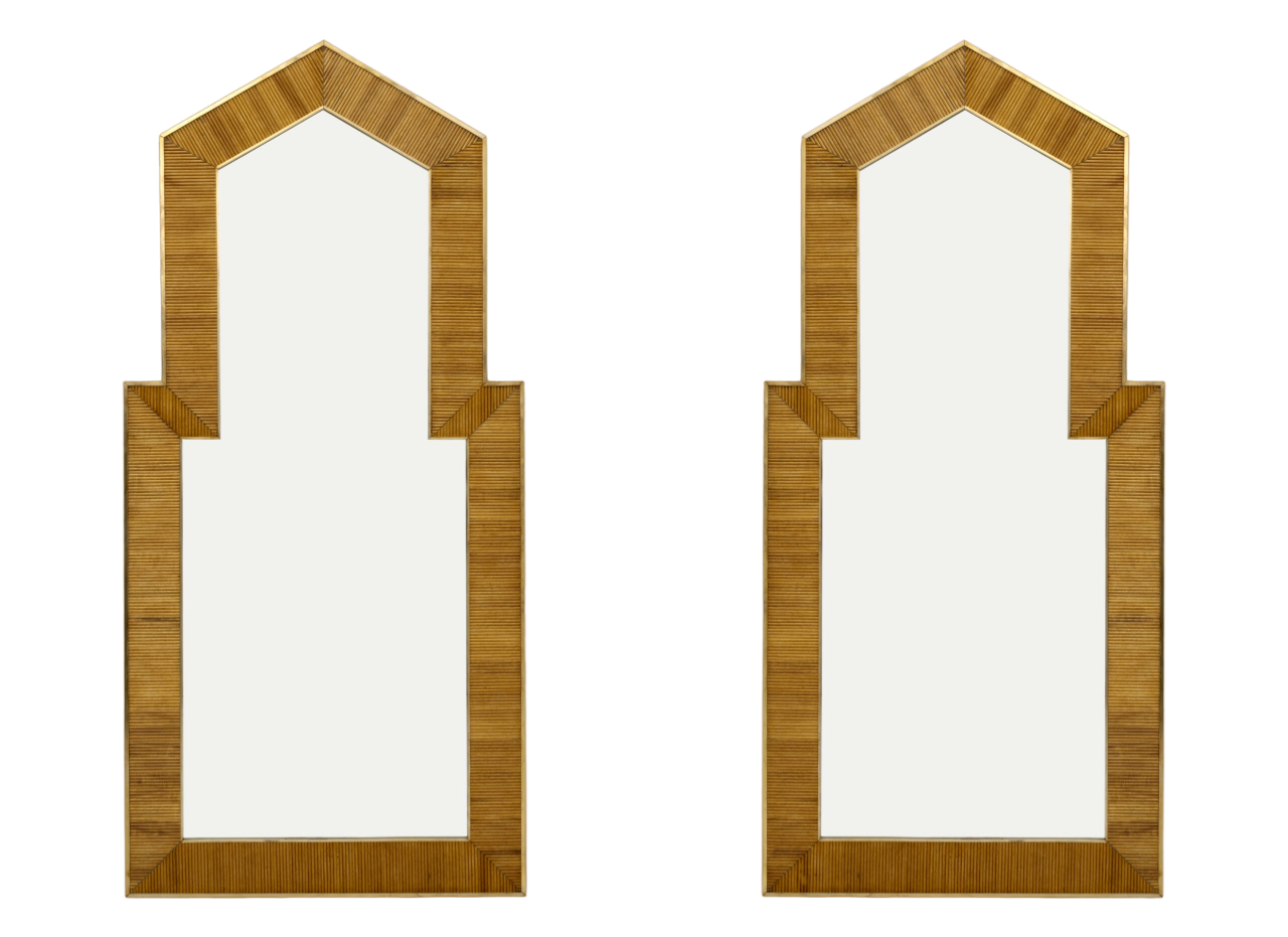 Gabriella Crespi Style Mid-Century Modern Italian Wood and Brass Mirror, Pair