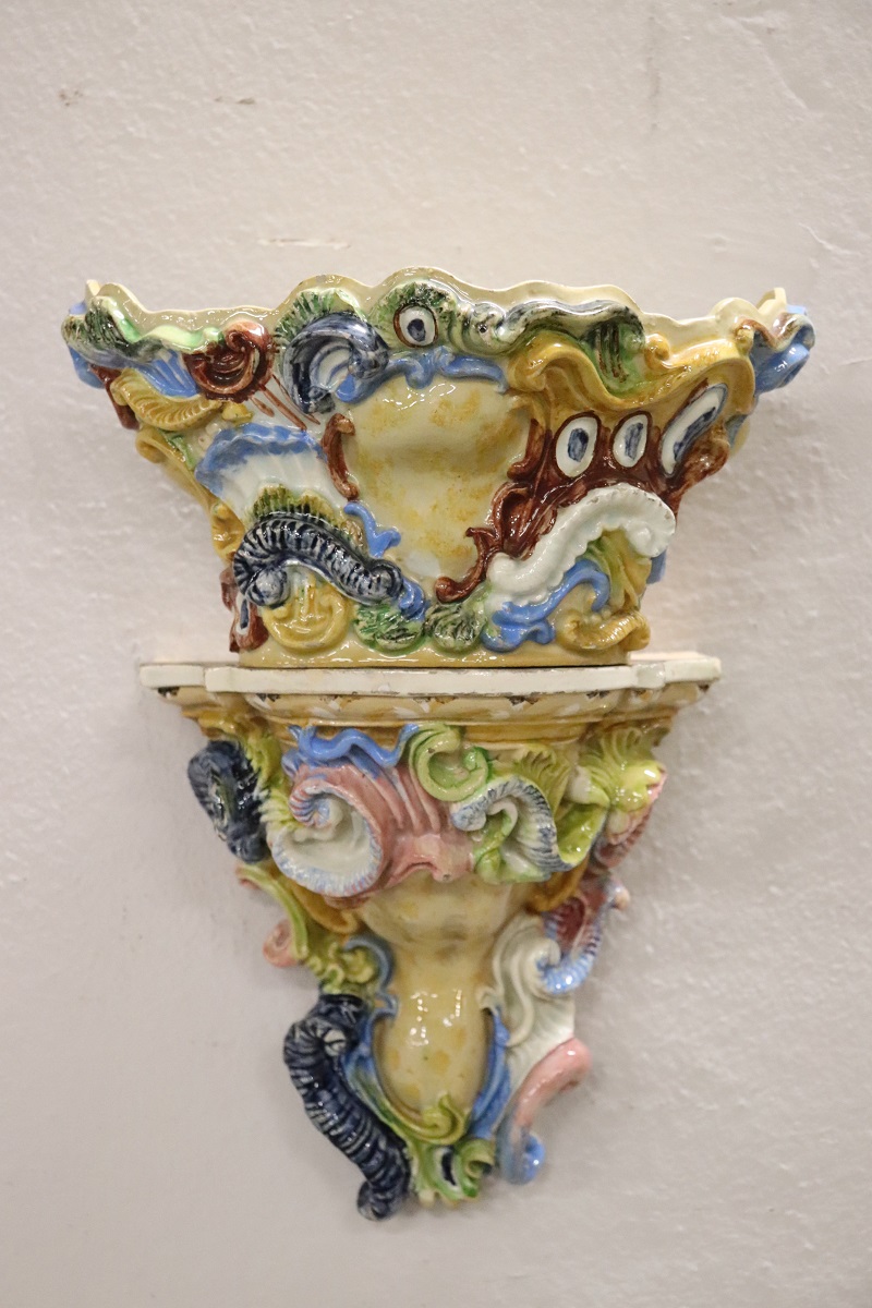Italian Majolica Wall Vases, Late 19th Century, Set of 2