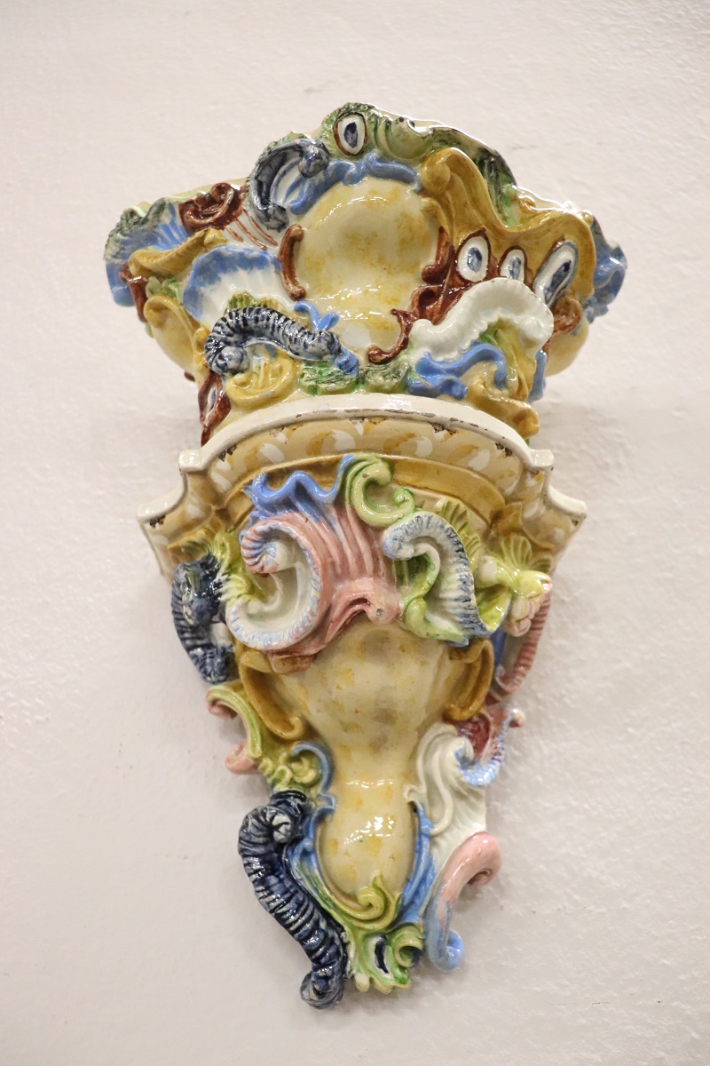 Italian Majolica Wall Vases, Late 19th Century, Set of 2