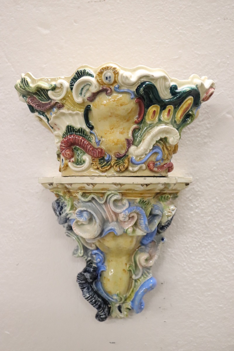 Italian Majolica Wall Vases, Late 19th Century, Set of 2