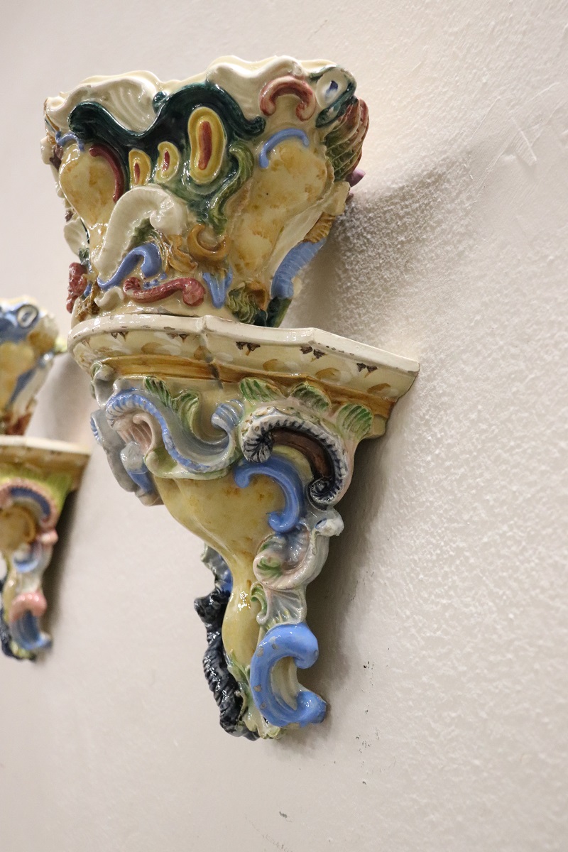 Italian Majolica Wall Vases, Late 19th Century, Set of 2