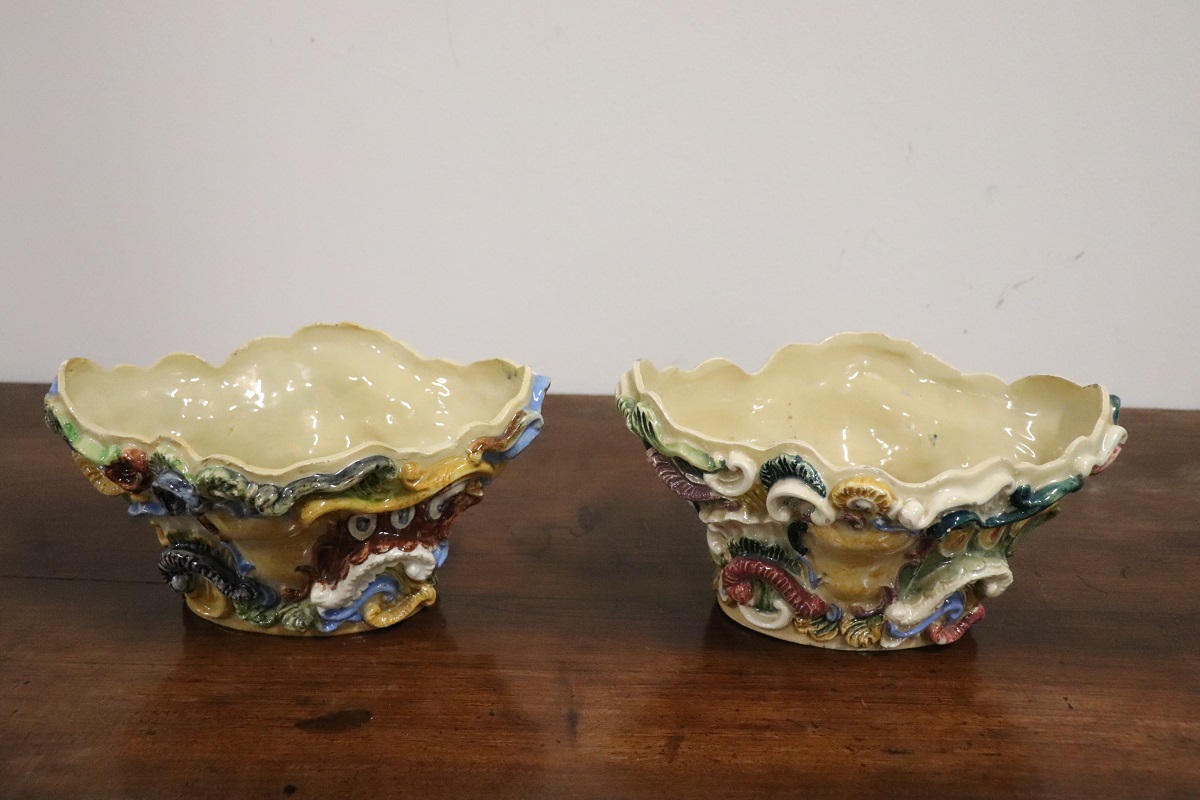 Italian Majolica Wall Vases, Late 19th Century, Set of 2