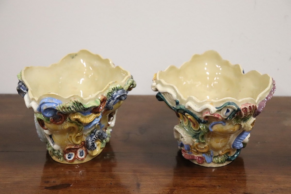 Italian Majolica Wall Vases, Late 19th Century, Set of 2