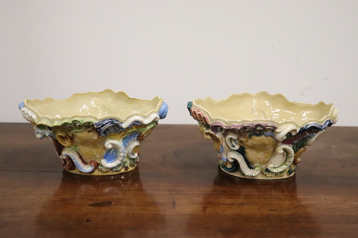 Italian Majolica Wall Vases, Late 19th Century, Set of 2