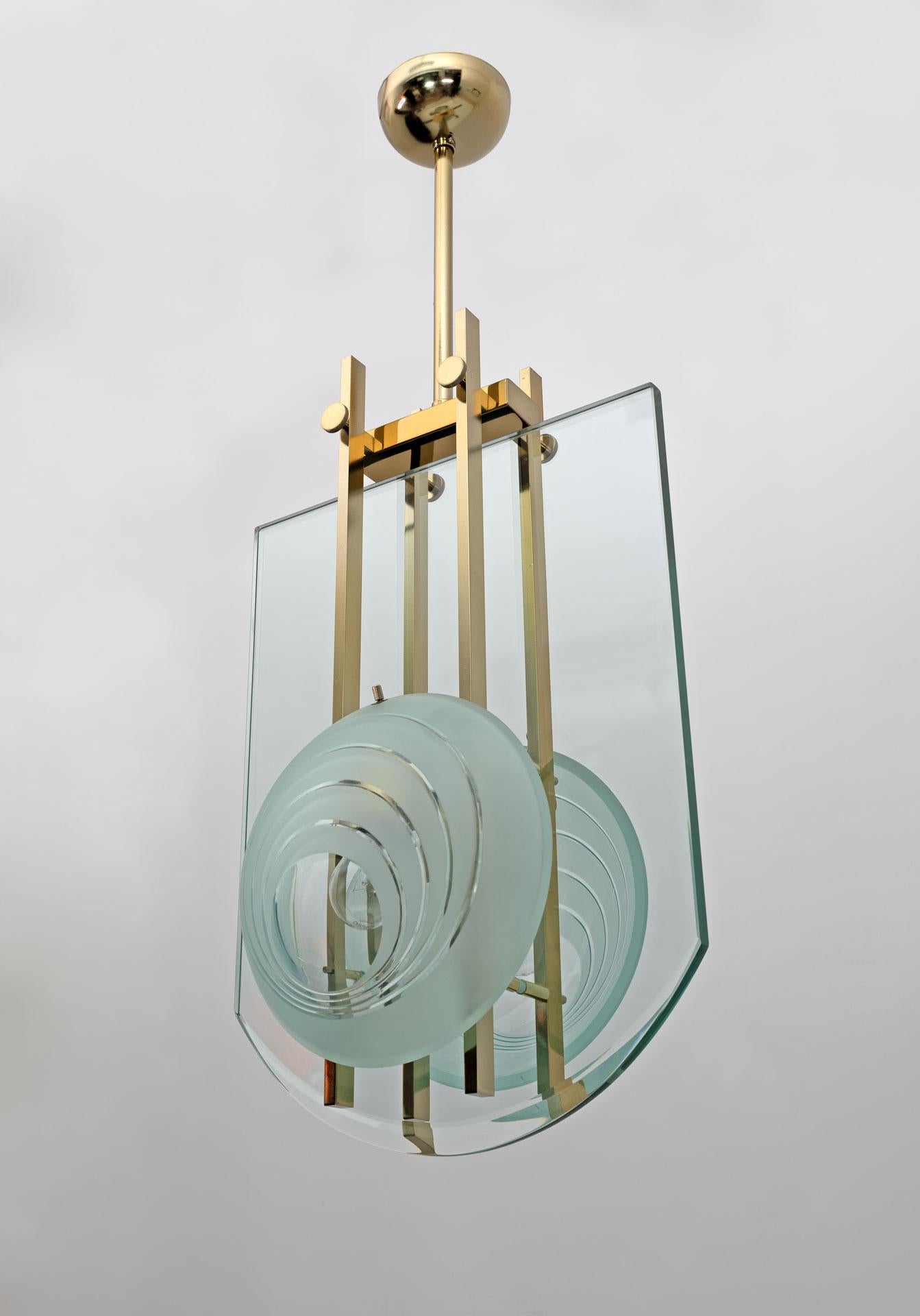 Gallotti & Radice Mid-century Modern Italian Brass and Crystal Pendant, 70s