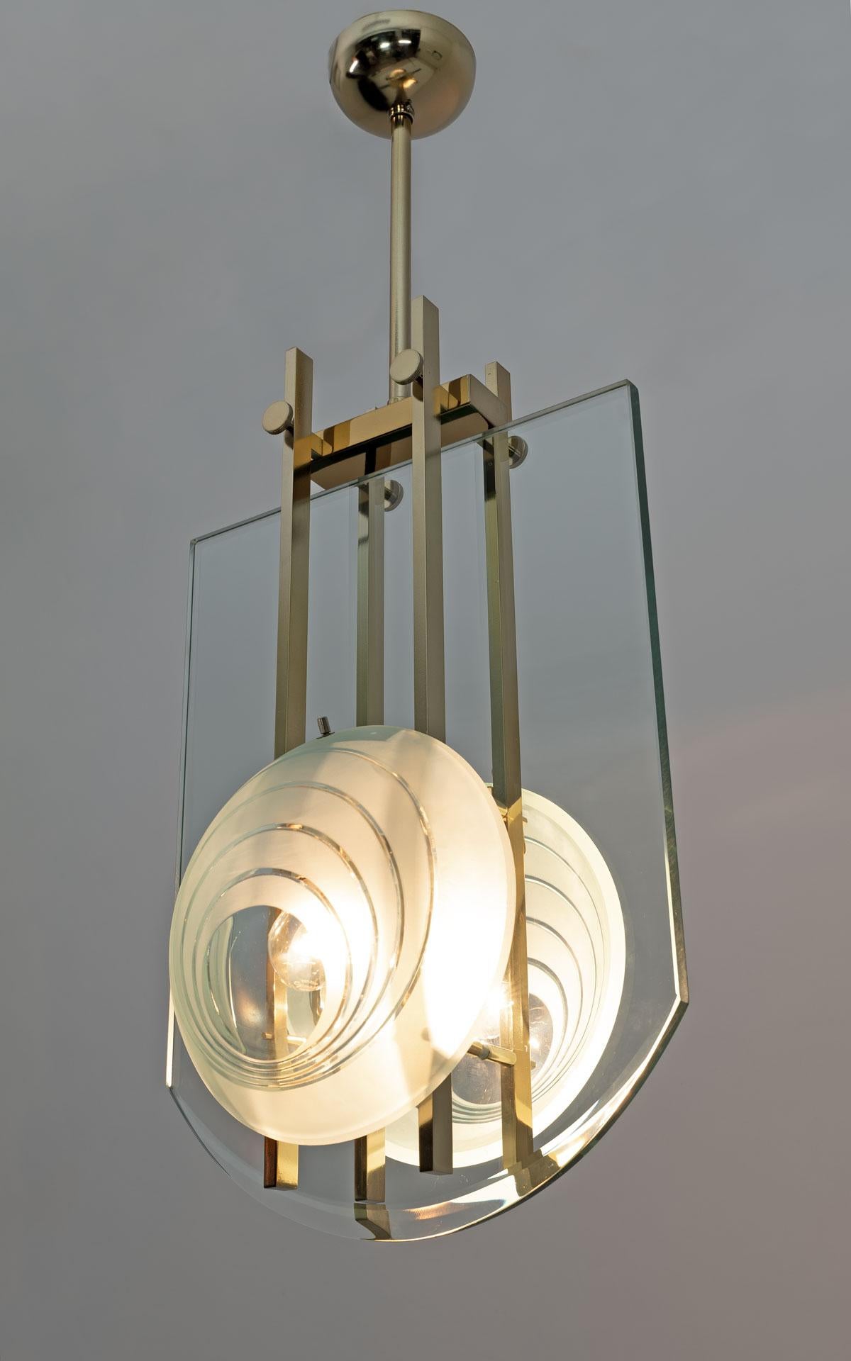 Gallotti & Radice Mid-century Modern Italian Brass and Crystal Pendant, 70s