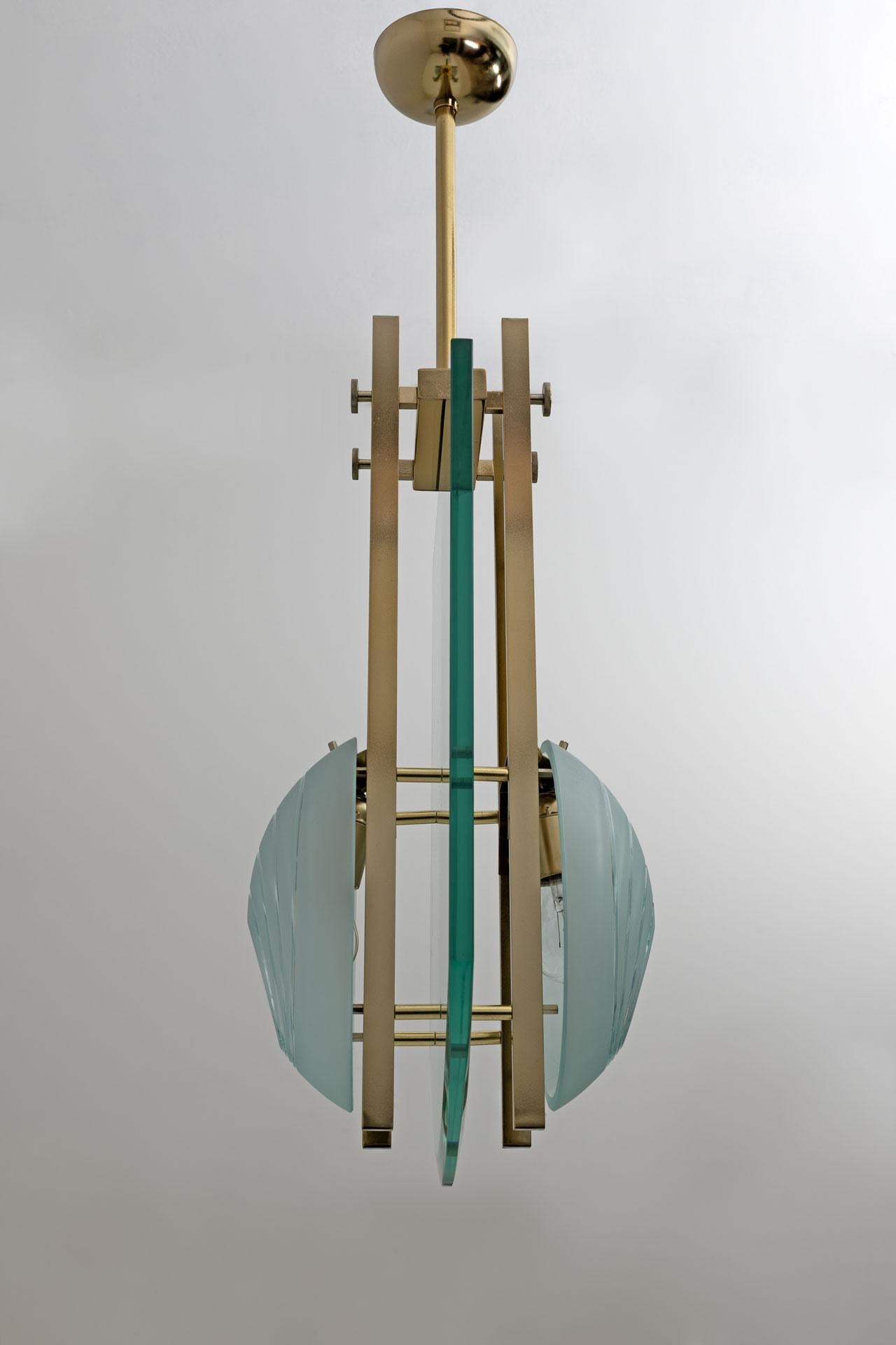 Gallotti & Radice Mid-century Modern Italian Brass and Crystal Pendant, 70s