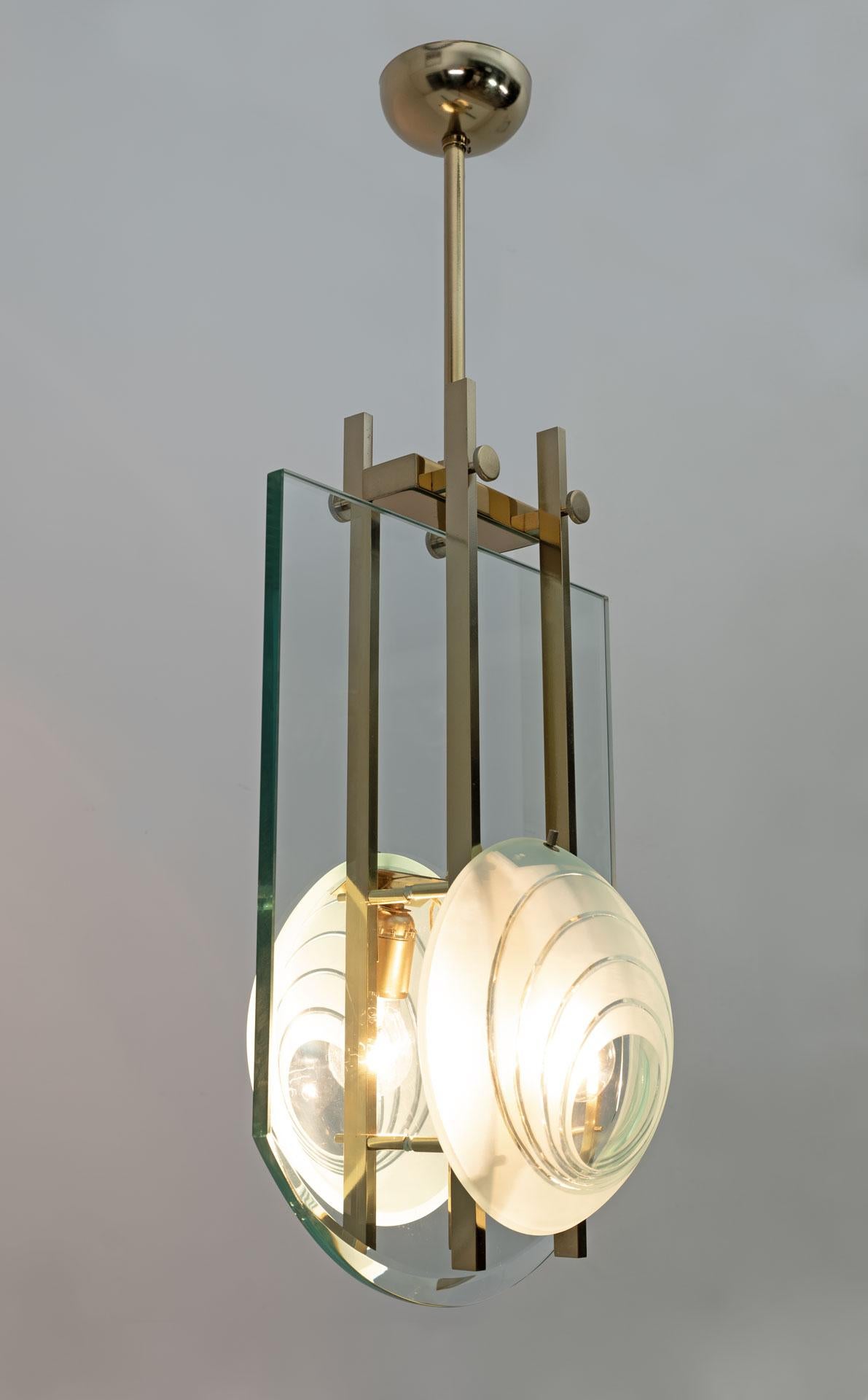Gallotti & Radice Mid-century Modern Italian Brass and Crystal Pendant, 70s