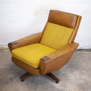 Vintage Brown Leather & Mustard Textured Fabric Armchair, 1970s