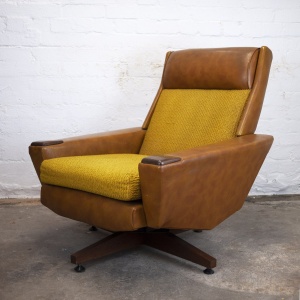 Vintage Brown Leather & Mustard Textured Fabric Armchair, 1970s