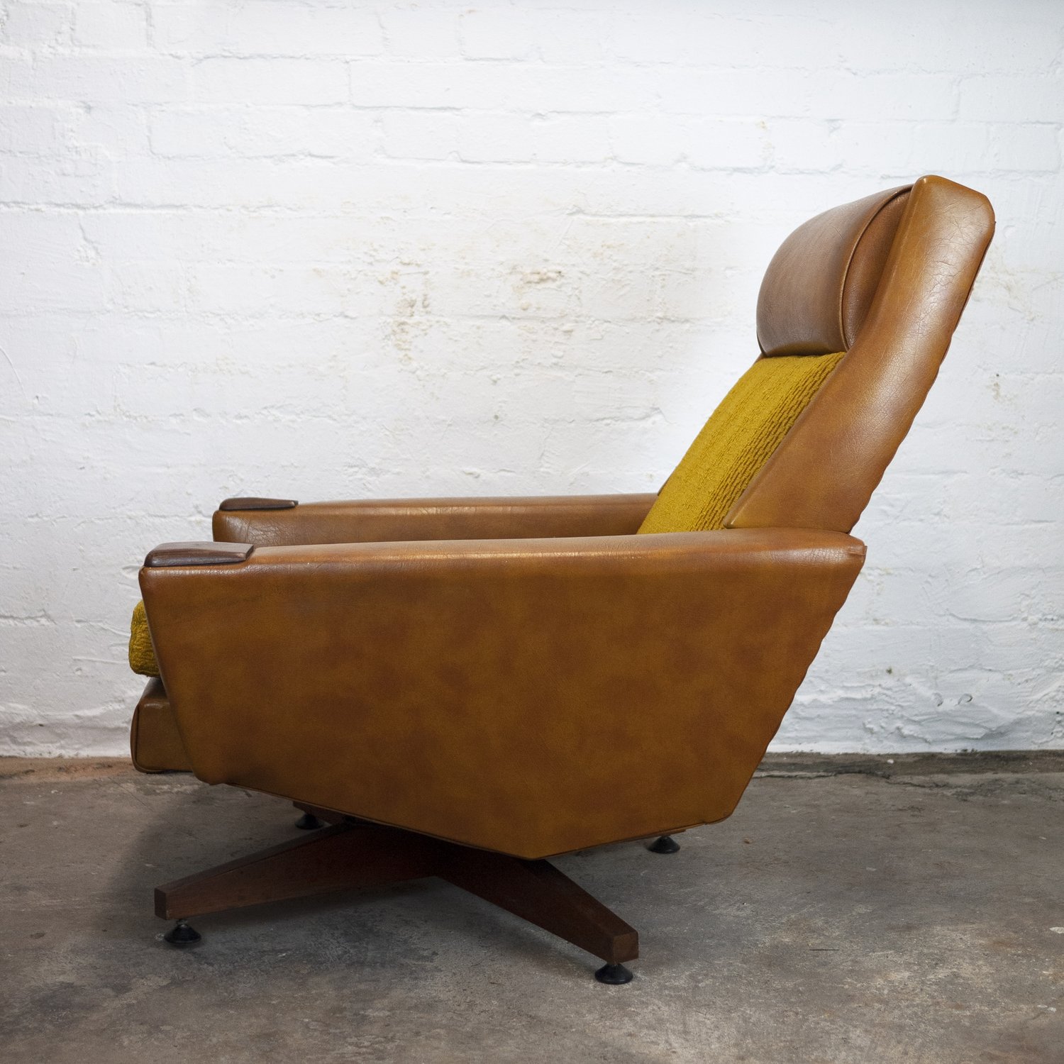 Vintage Brown Leather & Mustard Textured Fabric Armchair, 1970s