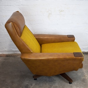 Vintage Brown Leather & Mustard Textured Fabric Armchair, 1970s