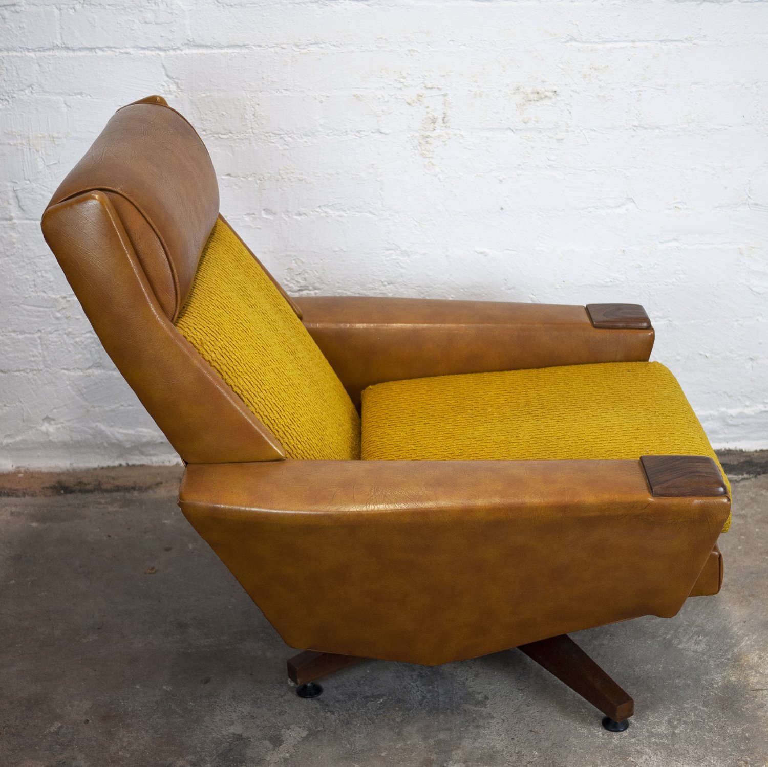 Vintage Brown Leather & Mustard Textured Fabric Armchair, 1970s