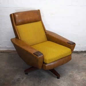 Vintage Brown Leather & Mustard Textured Fabric Armchair, 1970s