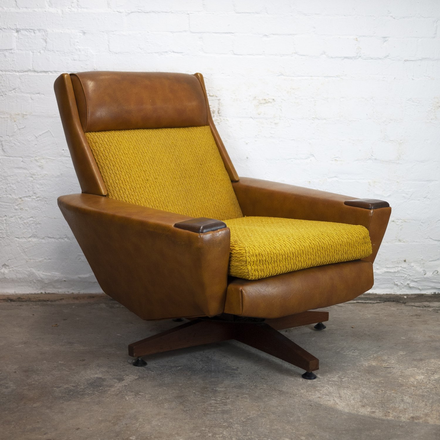 Vintage Brown Leather & Mustard Textured Fabric Armchair, 1970s