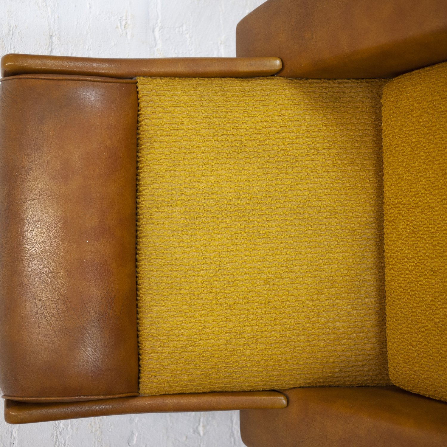 Vintage Brown Leather & Mustard Textured Fabric Armchair, 1970s