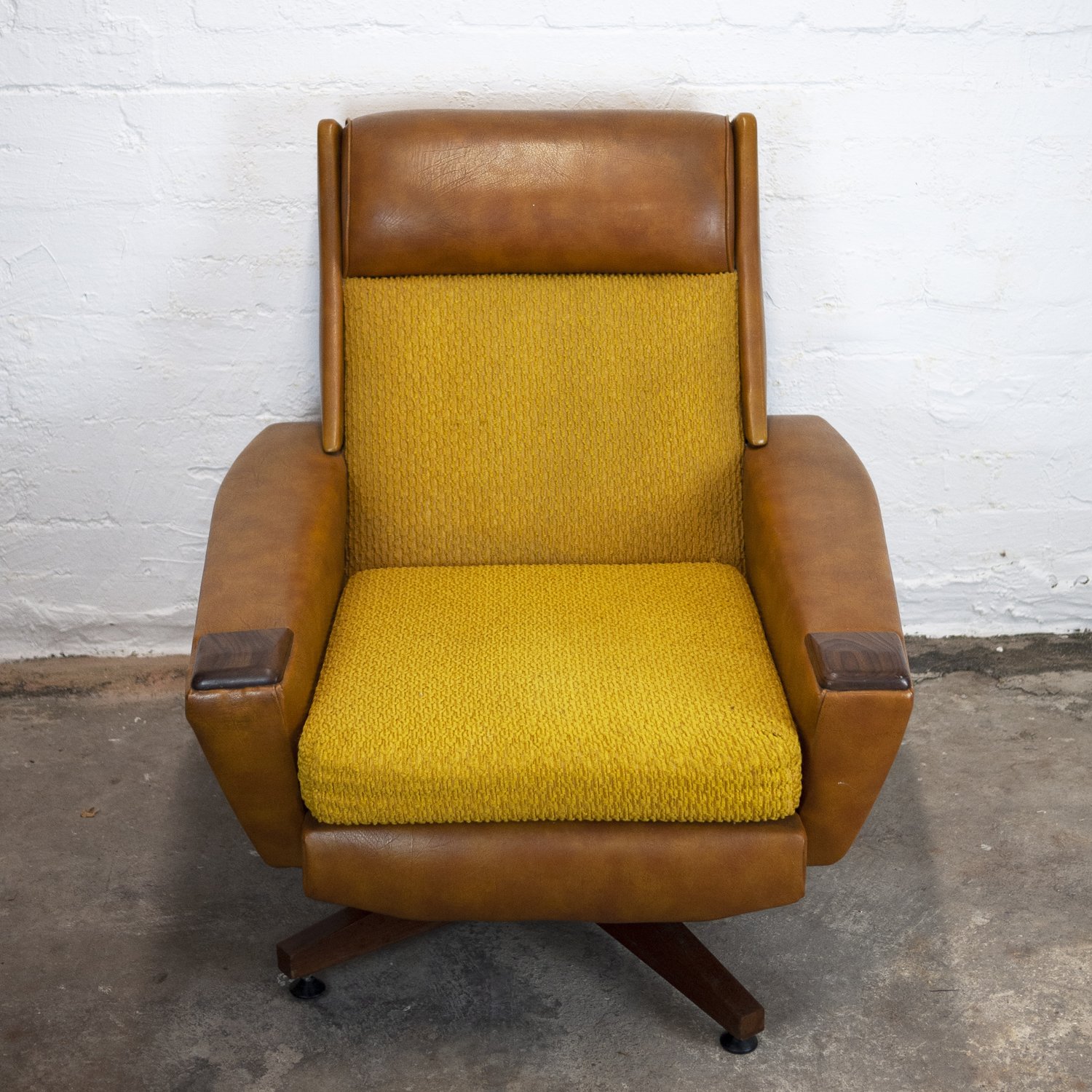 Vintage Brown Leather & Mustard Textured Fabric Armchair, 1970s