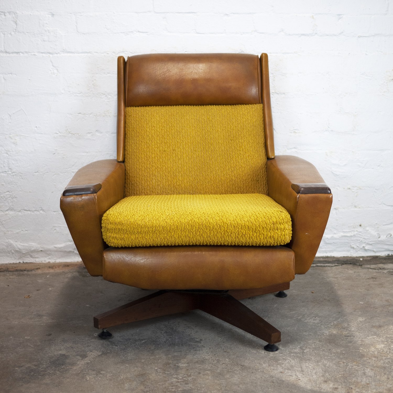 Vintage Brown Leather & Mustard Textured Fabric Armchair, 1970s