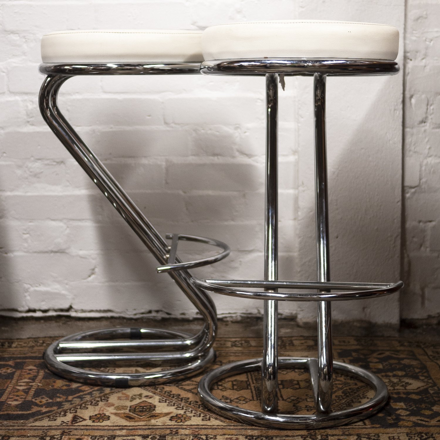 Mid Century White Vinyl & Chrome Bar Stools, Set of 2, 1960s