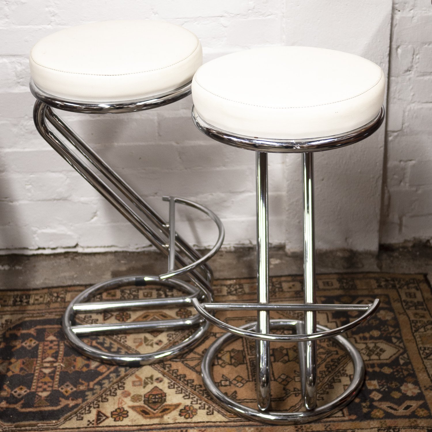 Mid Century White Vinyl & Chrome Bar Stools, Set of 2, 1960s