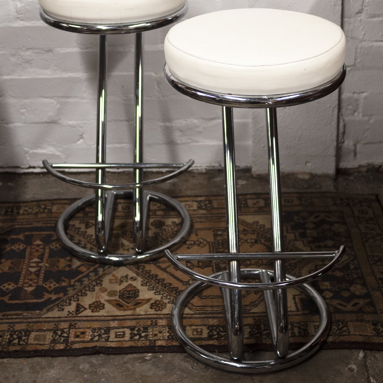 Mid Century White Vinyl & Chrome Bar Stools, Set of 2, 1960s