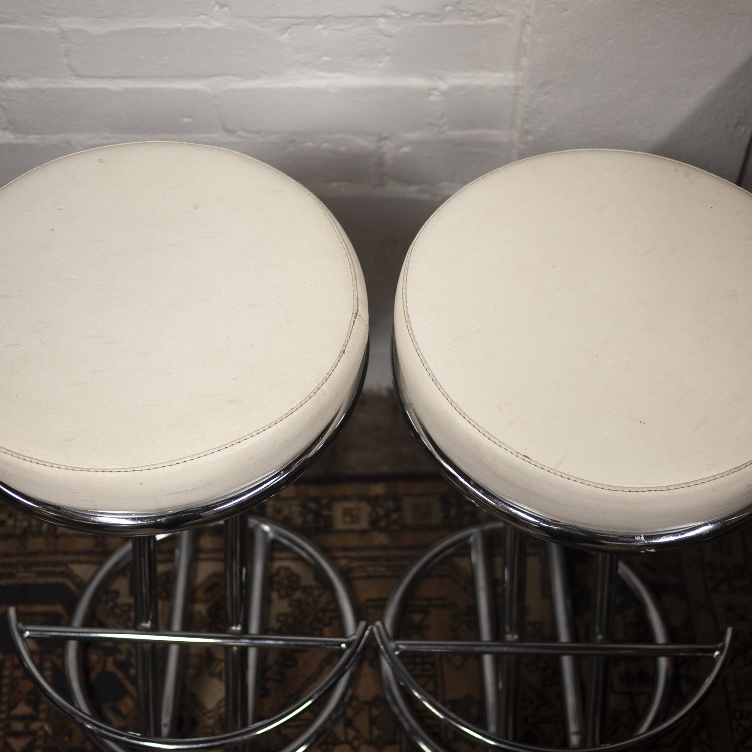 Mid Century White Vinyl & Chrome Bar Stools, Set of 2, 1960s